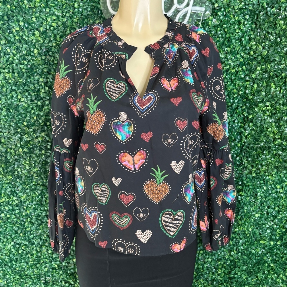 Farm Rio Heart & Pineapple Black Colorful Embroidered Top – Anthropologie Size S